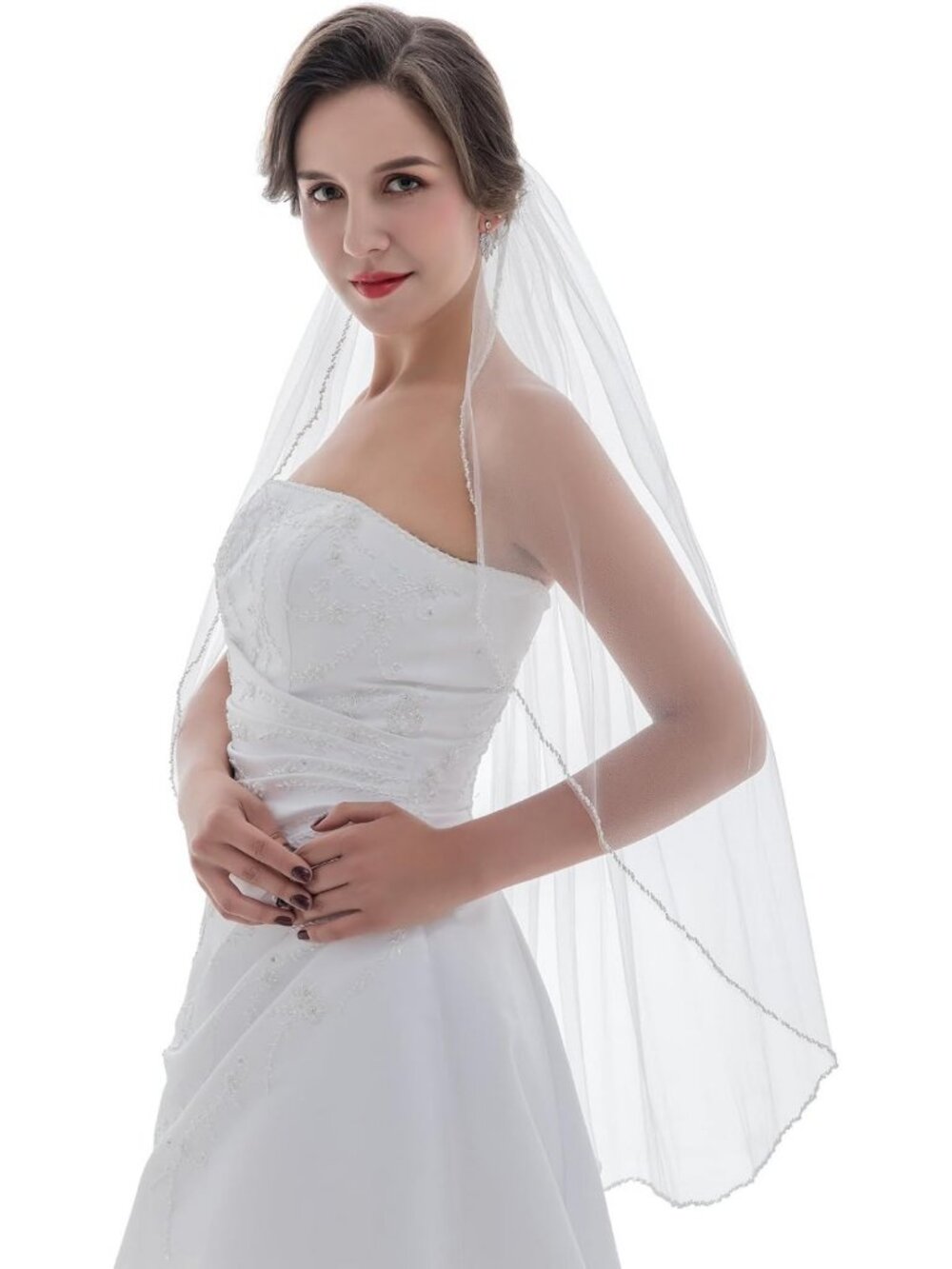 Elegant 1-Tier Pearl & Bugle Beaded Bridal Wedding Veil for Stunning Look